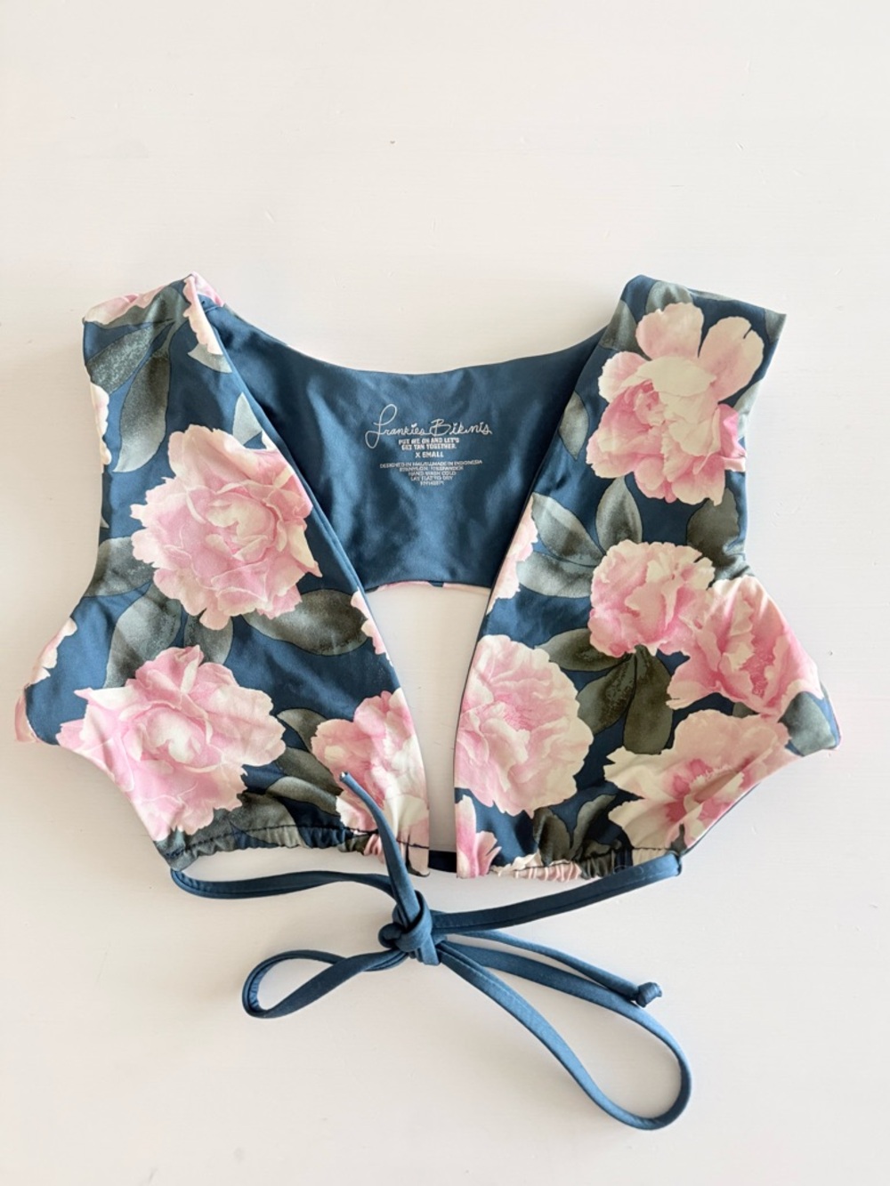 Frankie's Bikinis Blue Floral Tie-Back Crop Bikini Top